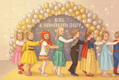 Przedszkolaki tańczące w kolorowych strojach podczas balu